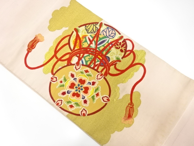 JAPANESE KIMONO / ANTIQUE FUKURO OBI / SILK / TSUZURE / WOVEN HAND DRUM PATTERN